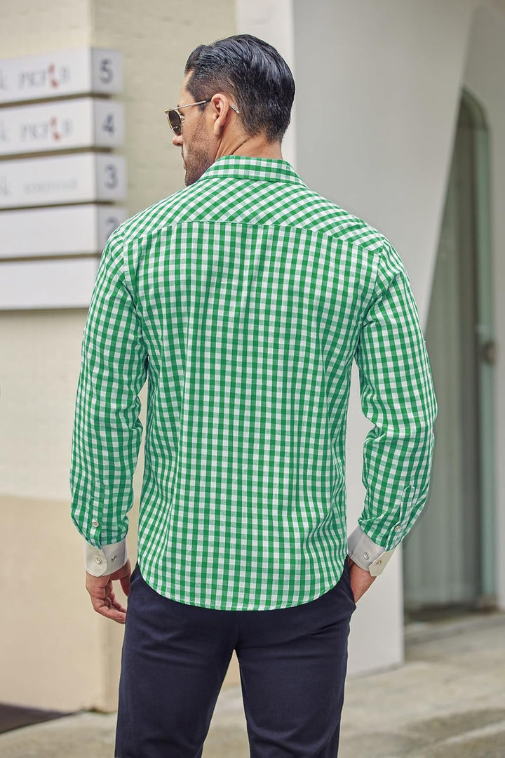 COOFANDY Herren Langarm Trachtenhemd Karriert Oktoberfest Hemd Regular Fit Karohemd Freizeithemd Pla
