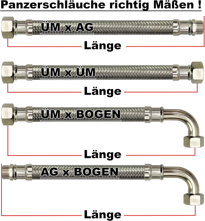 AWM Edelstahl Flexschlauch (DN8) 1/2 Zoll Panzerschlauch Anschlussschlauch Sanitär Hauswasserwerk Am