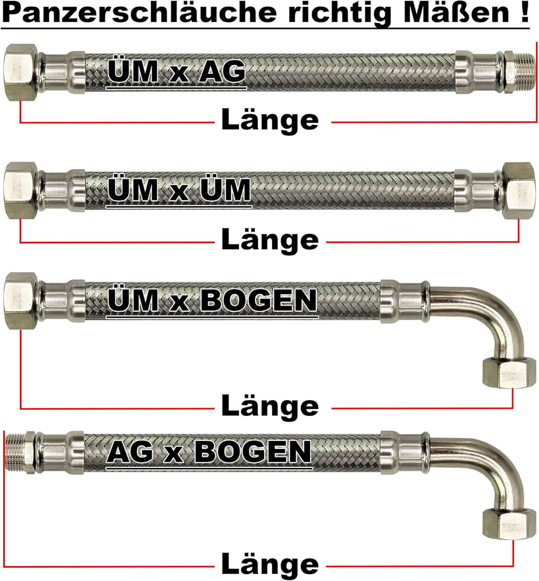 AWM Edelstahl Flexschlauch (DN8) 1/2 Zoll Panzerschlauch Anschlussschlauch Sanitär Hauswasserwerk Am