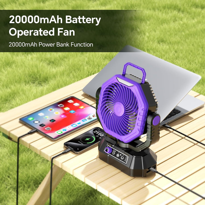 AJVV Camping Ventilator mit akku 20000mAh, Akku Ventilator mit Fernbedienung/LED Licht/270° Drehung,