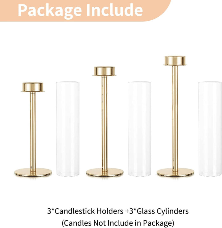 Nuptio Glaszylinder für Kerzen Kerzenhalter Gold: 60 & 55 & 50cm Gross Klarglas Metall Kerzenständer