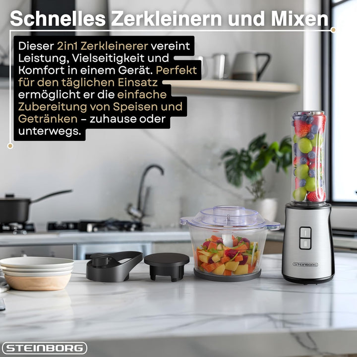 Steinborg® Zerkleinerer 2in1 Standmixer Smoothie Maker To Go Becher, 500W Multizerkleinerer, 2L Glas