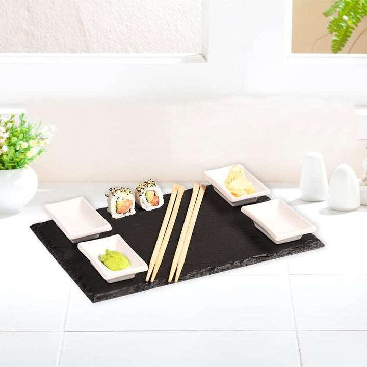 Kesper | 2 Schieferplatten mit 4 Dipschalen + 10 Ess-Stäbchen, Material: Schiefer, Masse: B: 30 x T: