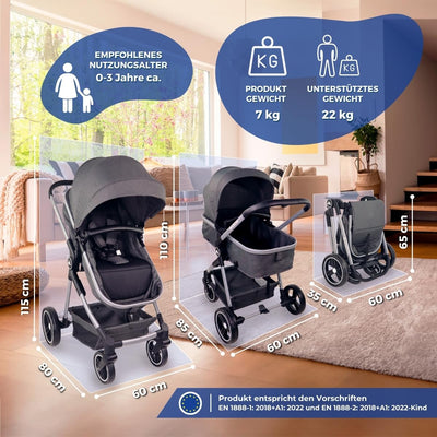 Mobiclinic® Kids, Kinderwagen + Babywanne, 2 in 1, Nuit, ultrakompakt, 5-Punkt-Gurtsystem, 22 kg, Ei