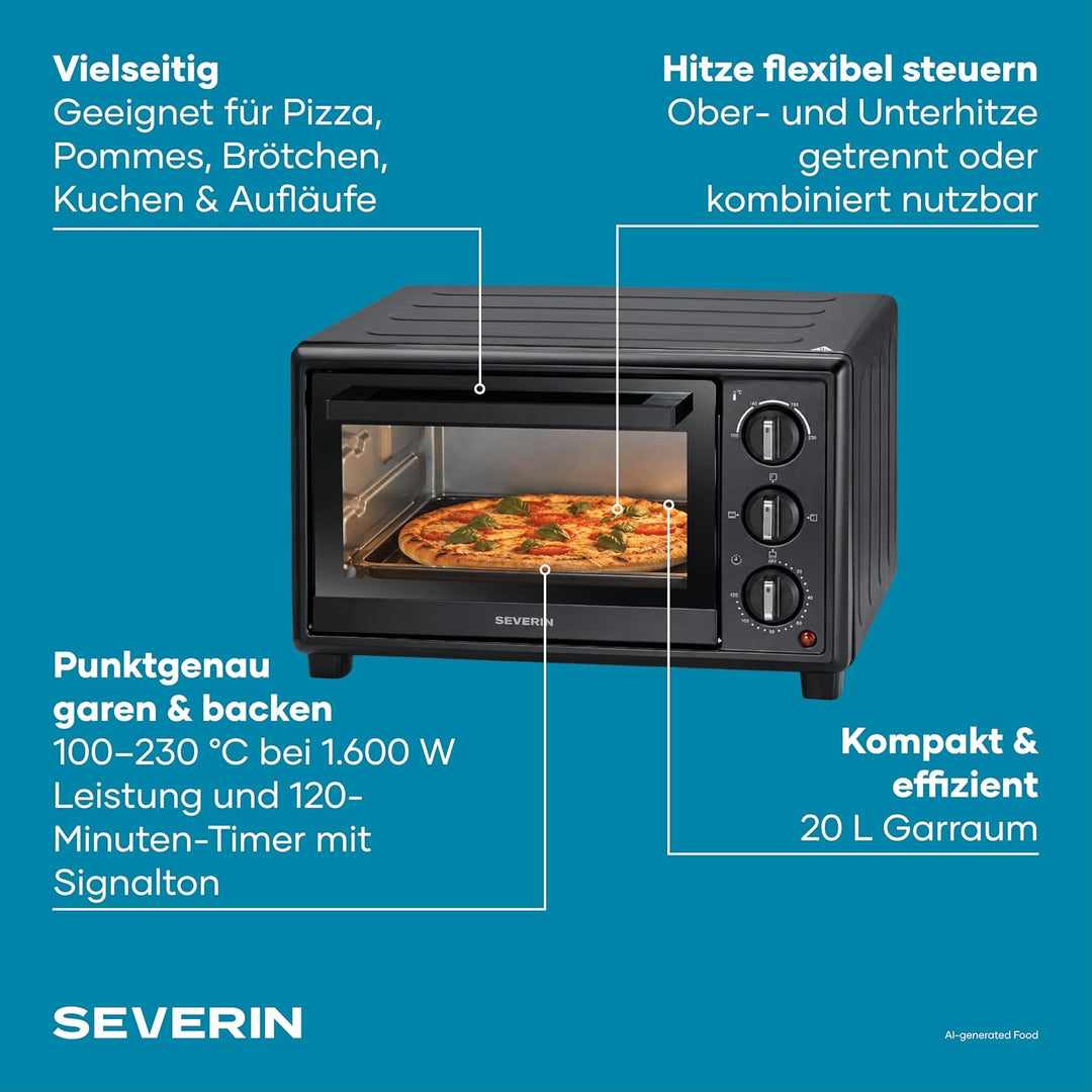 Severin Back- und Toastofen, Bake&Toast, 20L, bis 230°C, 120Min. Timer, Mini-Backofen, Ober- und Unt