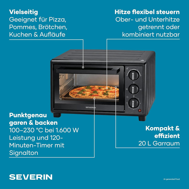 Severin Back- und Toastofen, Bake&Toast, 20L, bis 230°C, 120Min. Timer, Mini-Backofen, Ober- und Unt