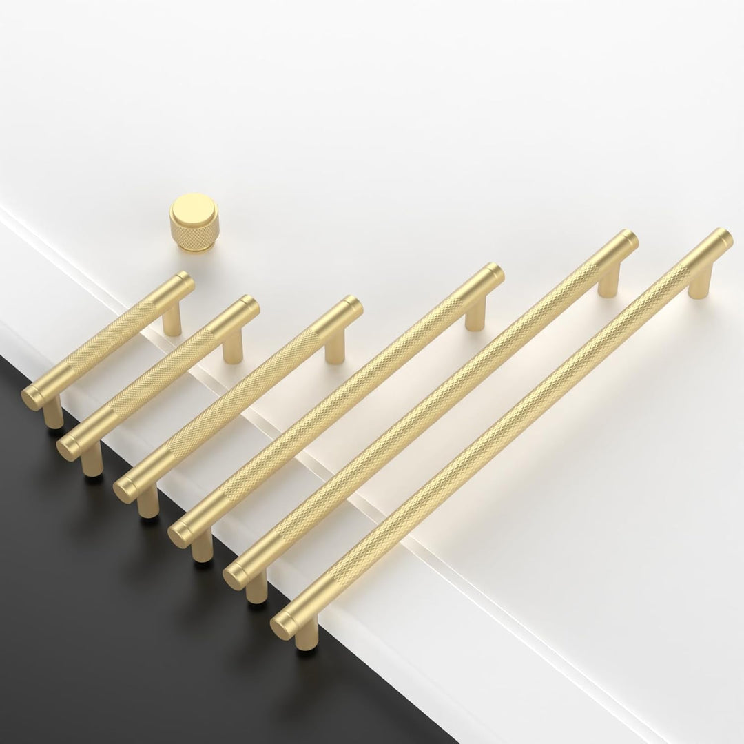 Amerdeco 10 Stück Gerändelte Schrankgriffe Gold Griffe Möbel Möbelgriffe 128mm Lochabstand Türgriffe