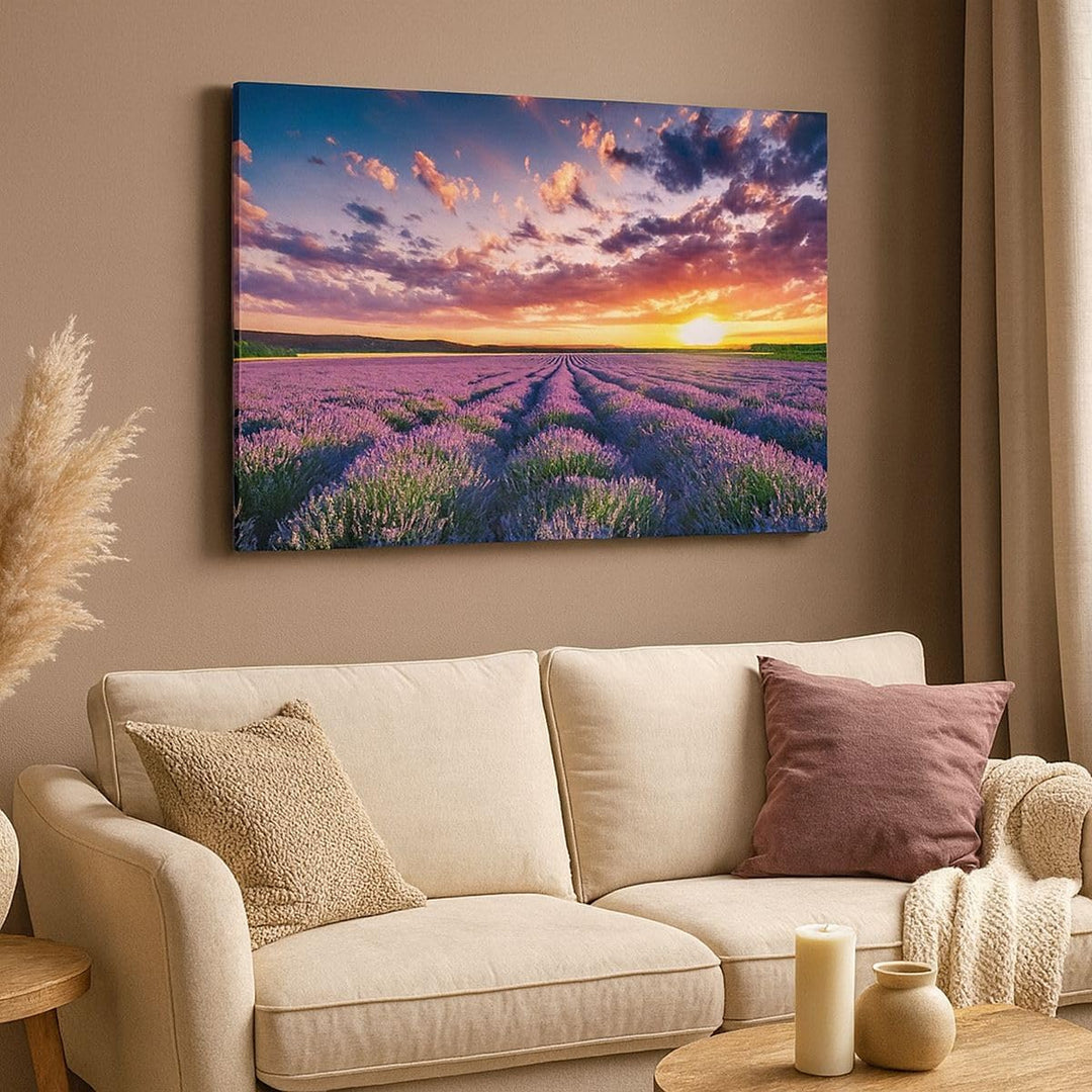 Bilder auf Leinwand Lavendel Berge Feld Leinwandbild mit Rahmen 70x50cm Wandbilder Dekoration Wohnzi