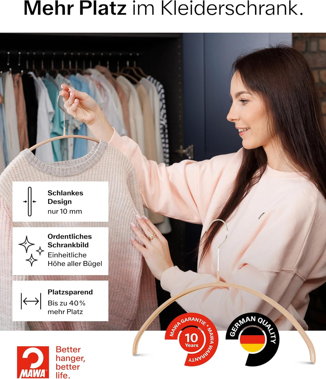 MAWA Kleiderbügel, Set mit 10 hochwertigen, platzsparenden, rutschfesten Kleiderbügeln, ideal für T-