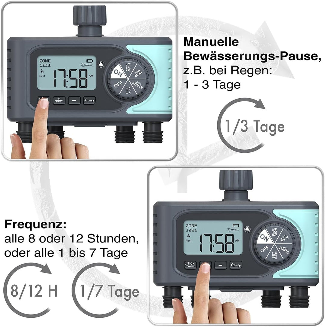 Royal Gardineer Bewässerung Computer: Digitaler Bewässerungscomputer mit Display, 4 Zonen, programmi