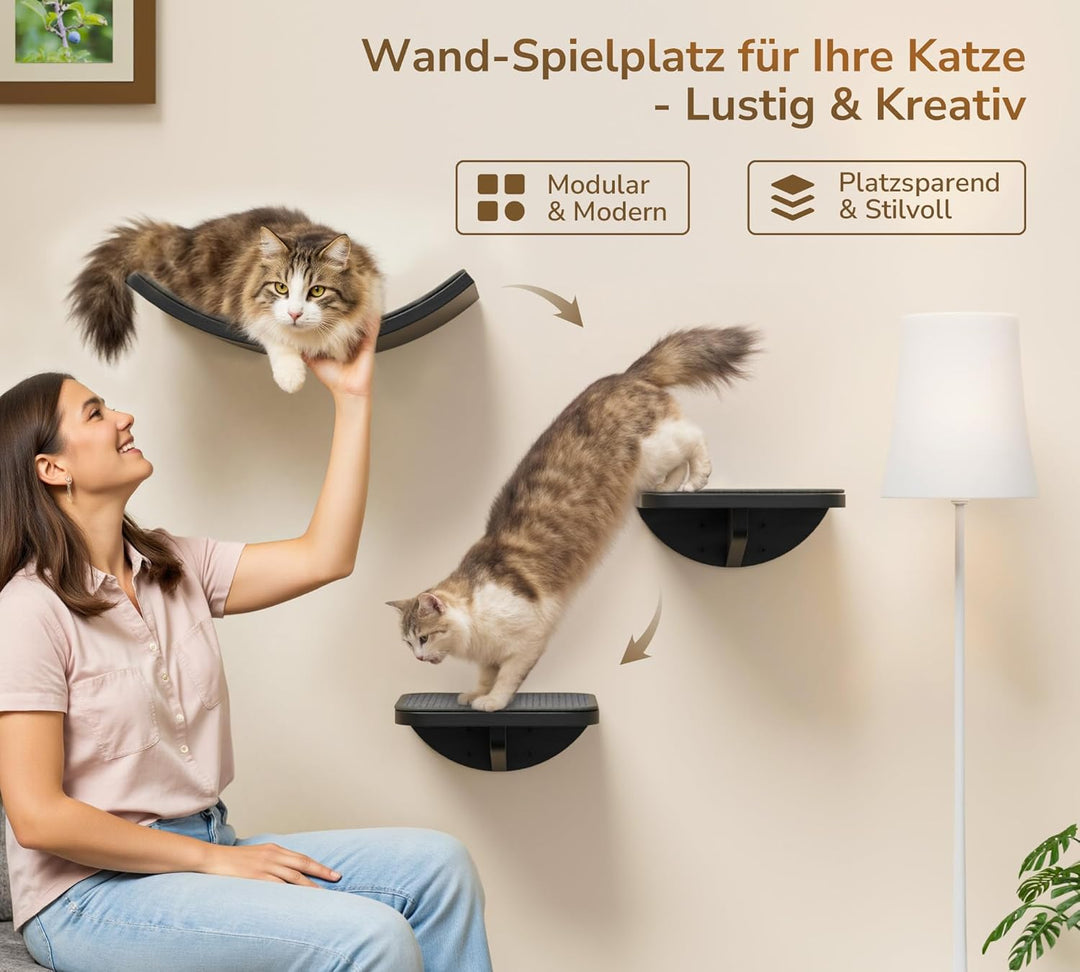 Katzentreppe Wand 3er-Set, Katzen Kletterwand mit 2 Kletterstufen & Gebogenen Plattformen, Wandmonti
