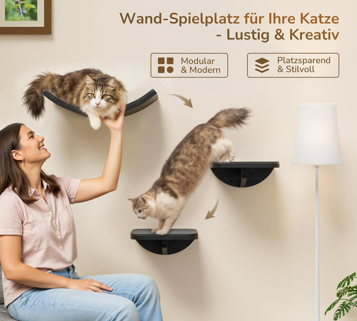 Katzentreppe Wand 3er-Set, Katzen Kletterwand mit 2 Kletterstufen & Gebogenen Plattformen, Wandmonti