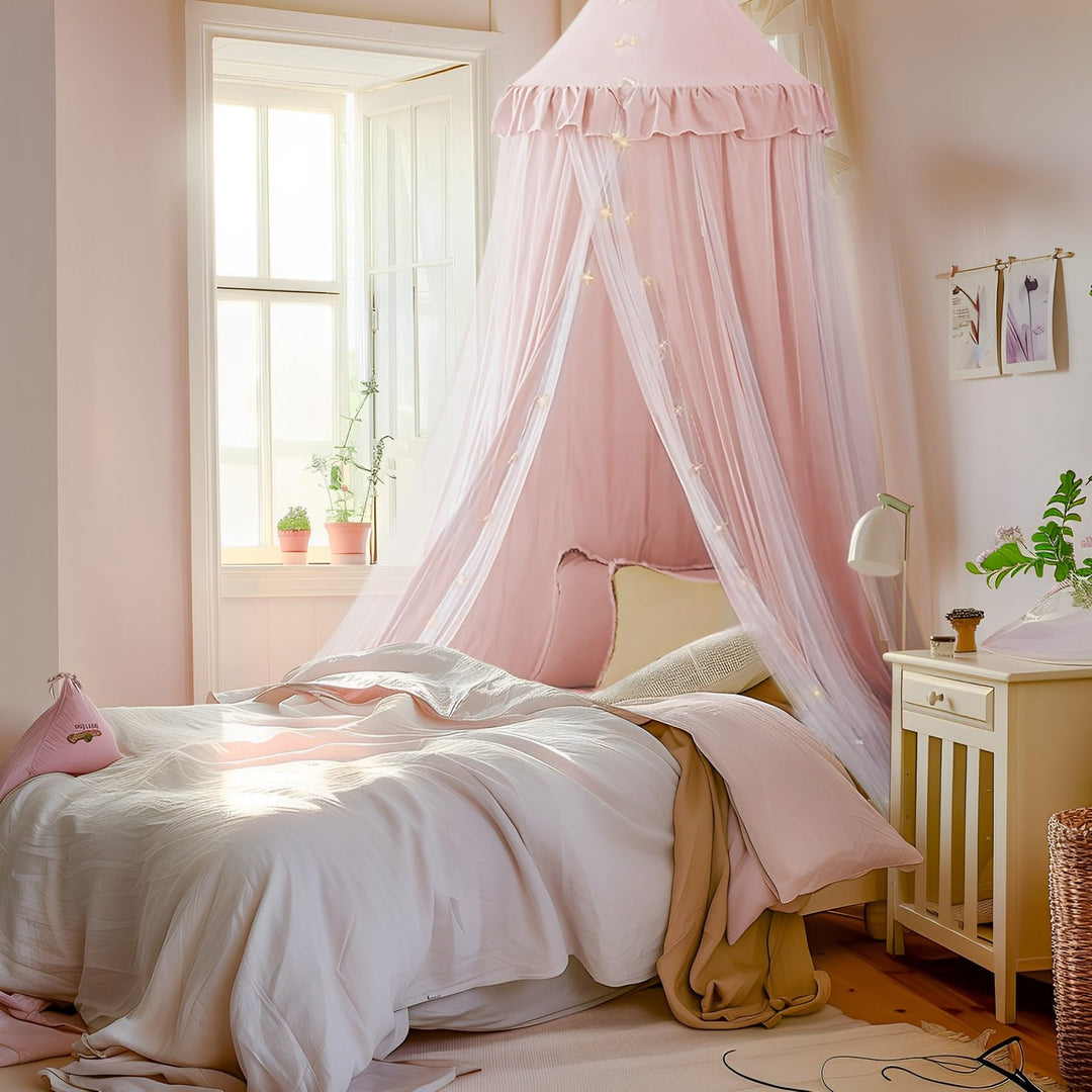 Mallify Moskitonetz Betthimmel mit Sternenlichtern, atmungsaktiv & waschbar Doppelte Lage Babybett B
