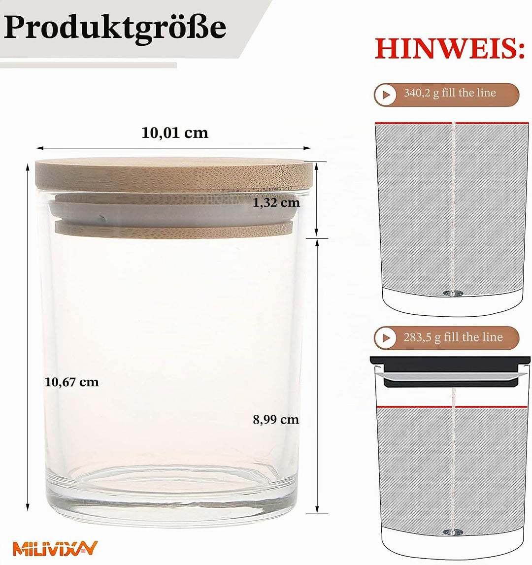 MILIVIXAY 12 Stück 340 g klare Glaskerzengläser mit Deckel und Kerzenherstellungssets – leere Kerzen