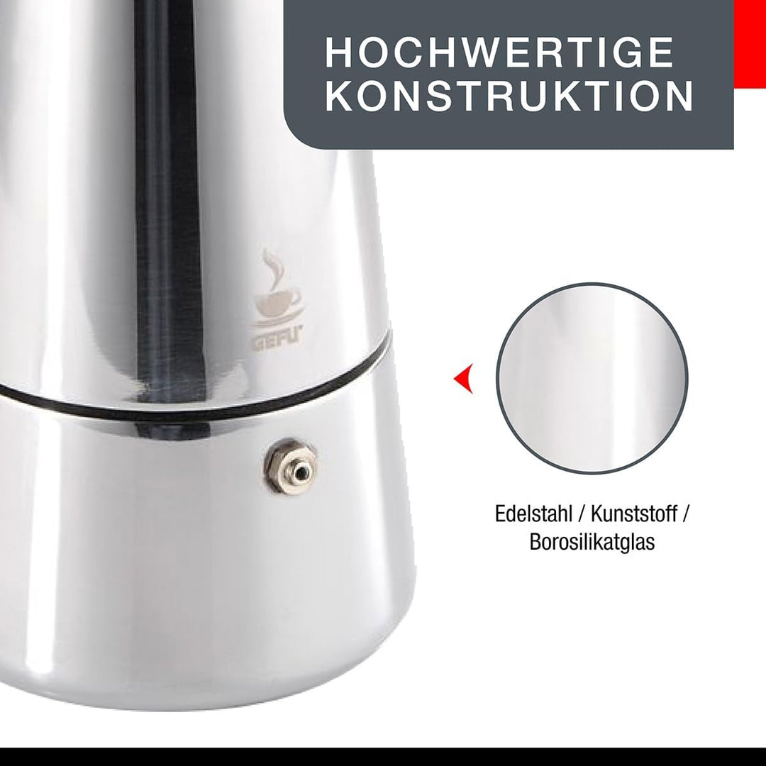 GEFU Espressokocher EMILIO 2 Tassen | Edelstahl Mokkakanne für Induktion, Gas, Elektro, Ceran | Trop