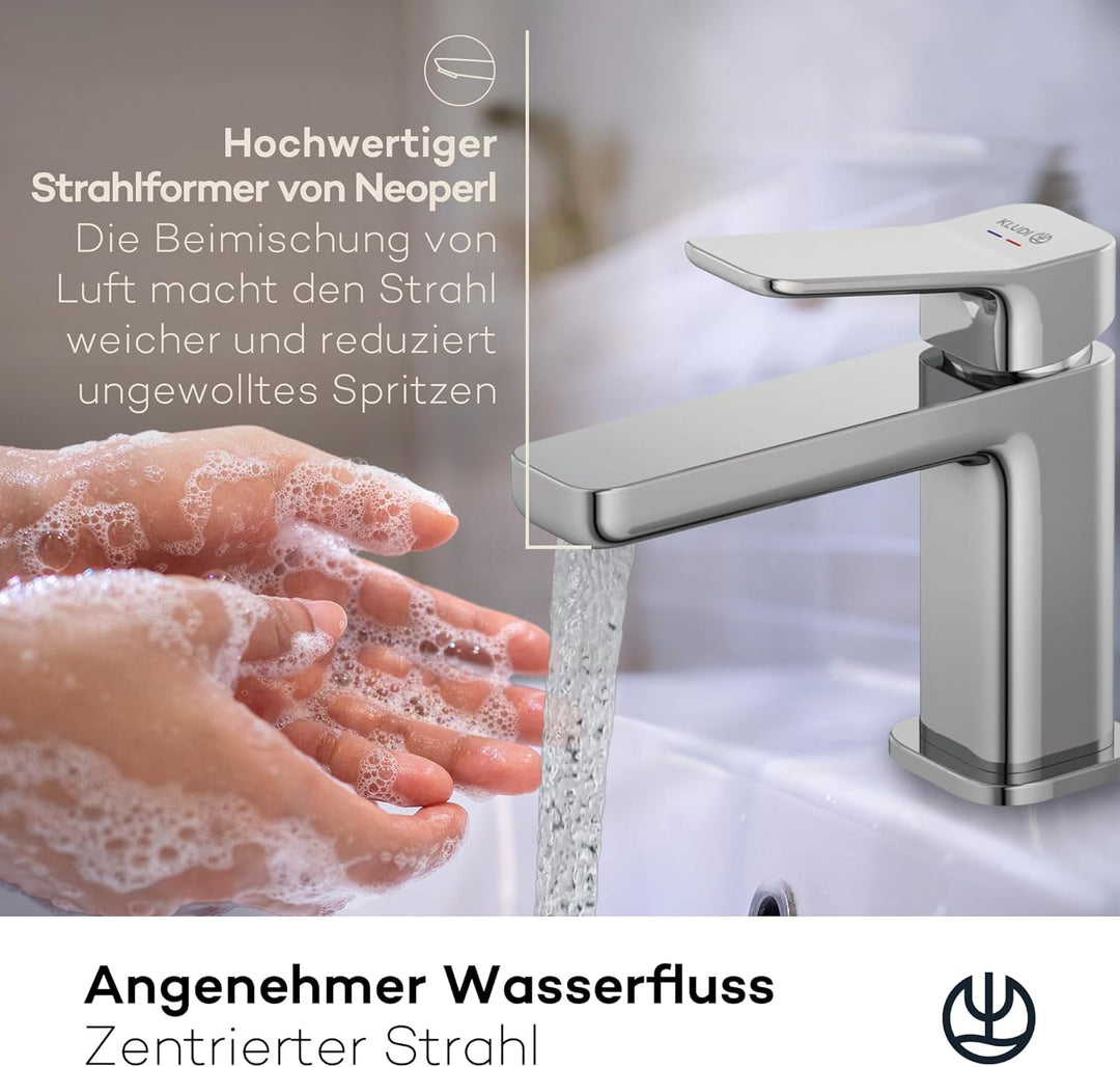 KLUDI-X3 Waschtischarmatur, Auslaufhöhe 85 mm, wassersparender Wasserhahn Bad Grösse S, Keramikkartu