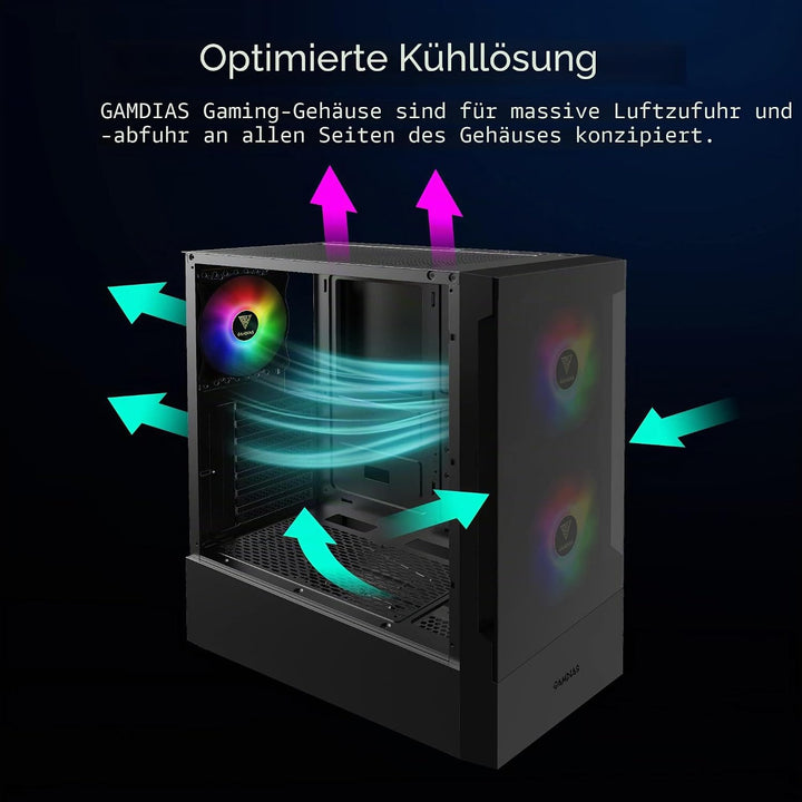 GAMDIAS ATX Mid-Tower Gaming-PC-Gehäuse, Enthält 3 x 120 mm ARGB-Lüfter, High Airflow Mesh Front, Ge