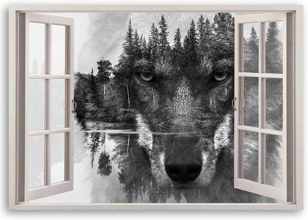 Feeby Bilder - Foto Geschenk - Fensterblick Wolf Tiere - 120x80 cm XXL 1tlg - Leinwandbilder Wohnzim
