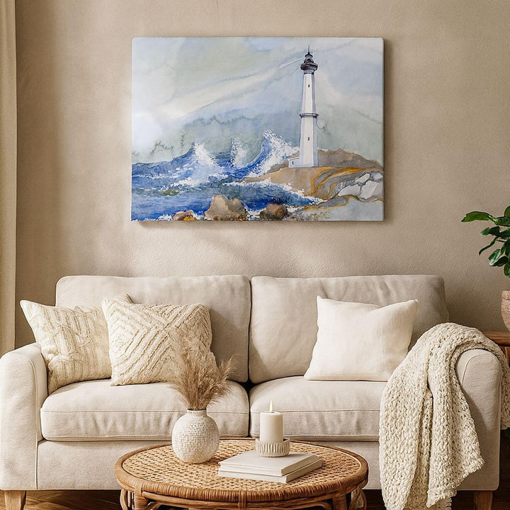 Bilder auf Leinwand Leuchtturm Wasser Illustration Welle Leinwandbild 70x50cm Wandbilder Dekoration