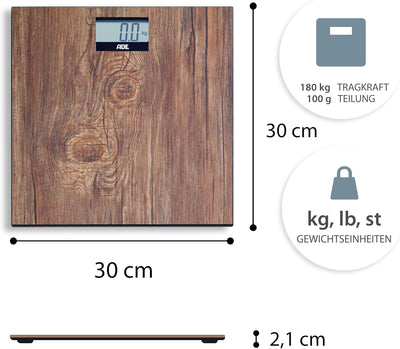 ADE Digitale Körperwaage in gemütlicher Holzoptik | grosses beleuchtetes Display | rutschhemmende Wi