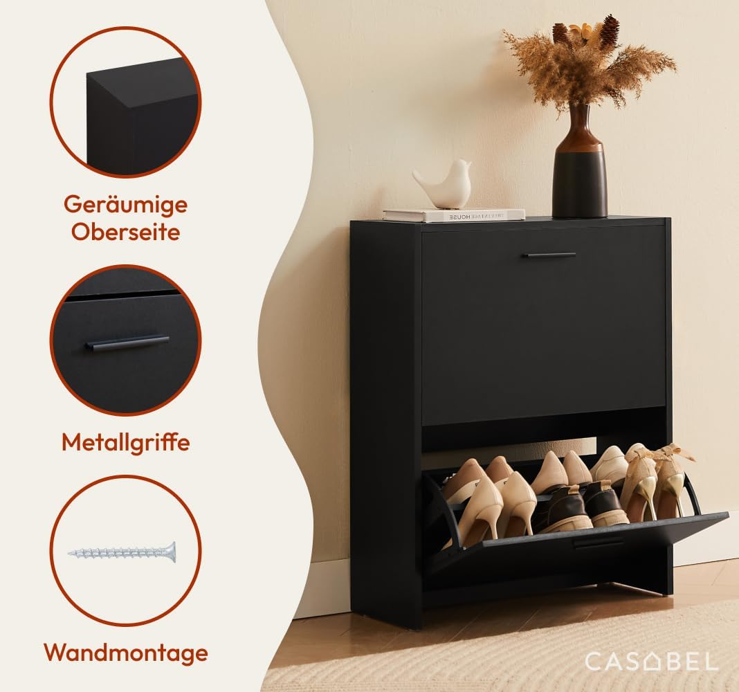 CASABEL Schuhschrank Schmal für 12 Paar Schuhe, Modernes Schuregal Holz mit 2 Klappen, Platzsparende