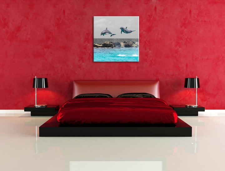 Pixxprint Zwei hoch springende Delphine als Leinwandbild Quadratisch/Grösse: 70x70 / Wandbild/Kunstd