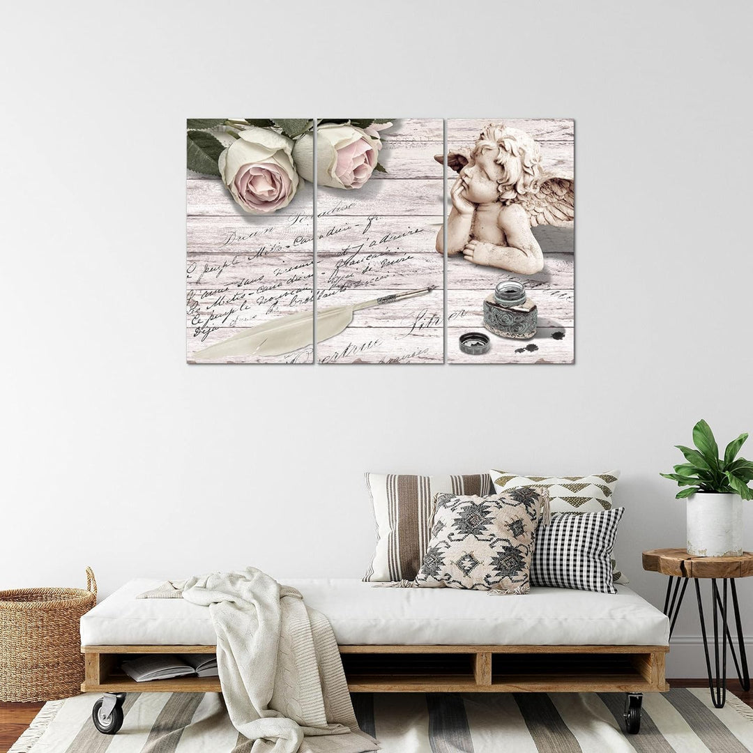Runa Art Wandbilder Engel Blumen Bild XXL Wohnzimmer Schlafzimmer Rosa Grau Holz 120 x 80 cm 3 Teili