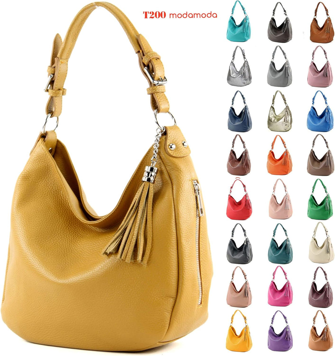 modamoda de T200 Damen Leder Schultertasche Henkeltasche handmade in Italy Beige, Beige