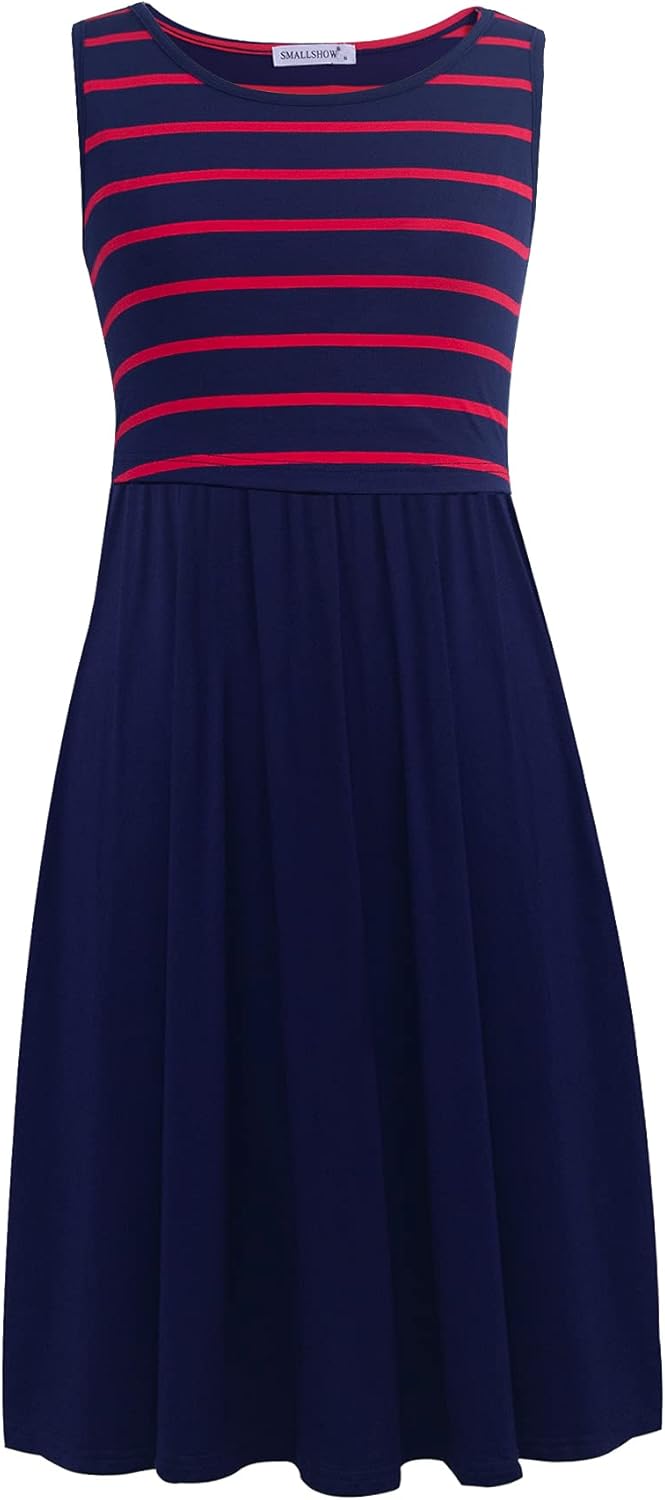 Smallshow Ärmelloses Patchwork-Umstandskleid mit Taschen für Frauen, S Marine Wein Streifen-marine
