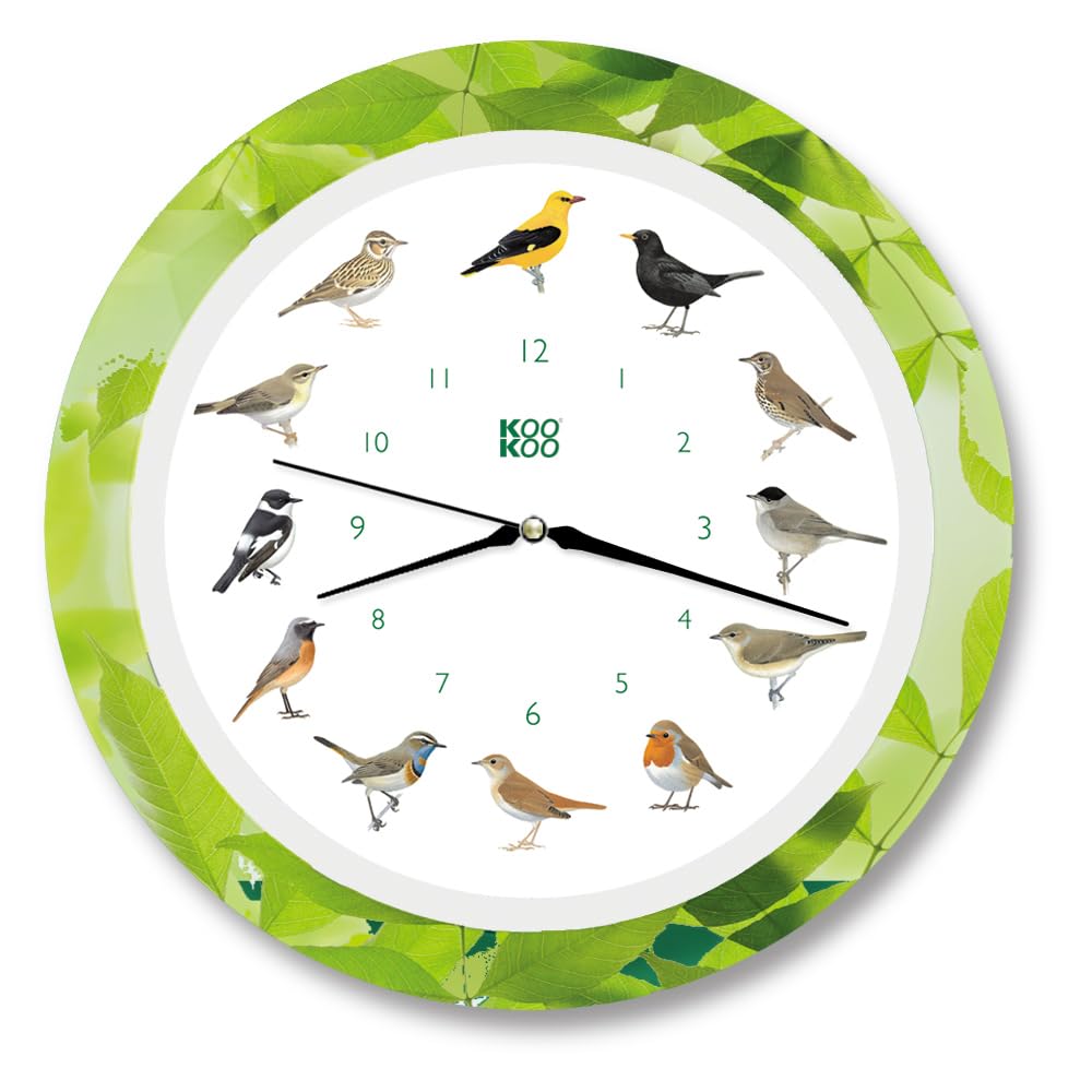 KOOKOO Singvögel Quarzwerk Leaf, Die Singende Vogeluhr, runde Wanduhr mit natürlichen Vogelstimmen,