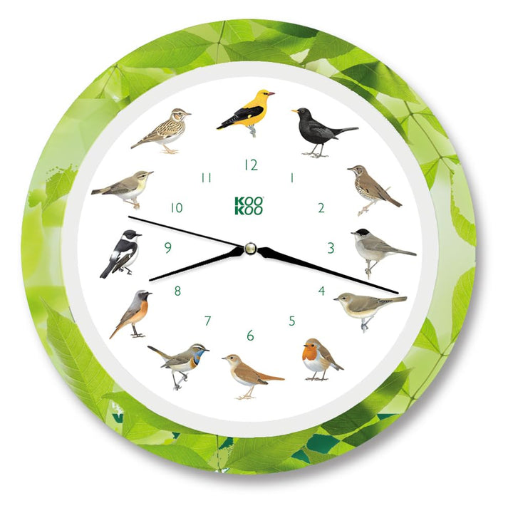 KOOKOO Singvögel Quarzwerk Leaf, Die Singende Vogeluhr, runde Wanduhr mit natürlichen Vogelstimmen,