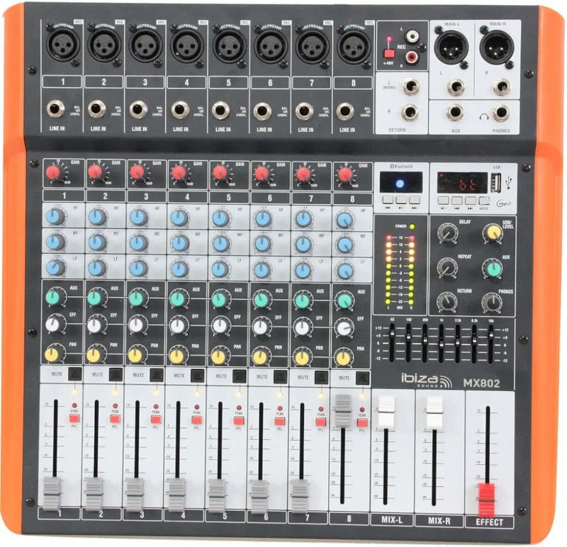 Ibiza - MX802 - Komplettes semiprofessionelles 8-Kanal-Mischpult (8-Band-Equalizer) mit MONO-Eingäng