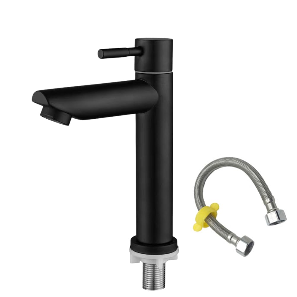Wasserhahn Bad Schwarz+Wasserzulaufleitung, Edelstahl, Kaltwasserhahn Gäste Wc,Mischbatterie Waschbe