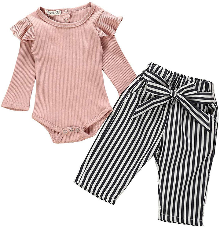 Neugeborenes Baby Mädchen Kleidung Rüschen Strampler + Schleife Denim Hosen Outfits Set 9–12 Monate