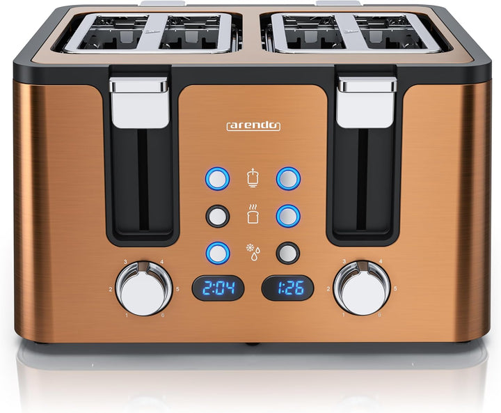 Arendo - Toaster 4 Scheiben Edelstahl - mit Brötchenaufsatz - LED Anzeige Restzeitanzeige – Doppelwa