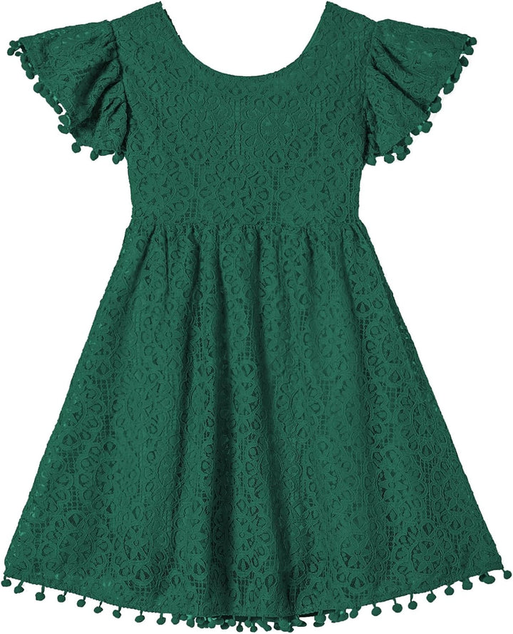 Beganly Mädchen Elegante Prinzessin Spitzenkleid Kleinkind Vintage Pom Pom Flatterärmel Party Kleide