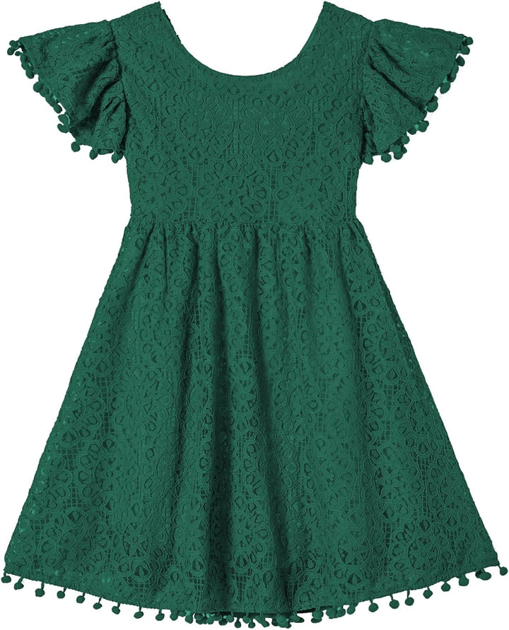 Beganly Mädchen Elegante Prinzessin Spitzenkleid Kleinkind Vintage Pom Pom Flatterärmel Party Kleide