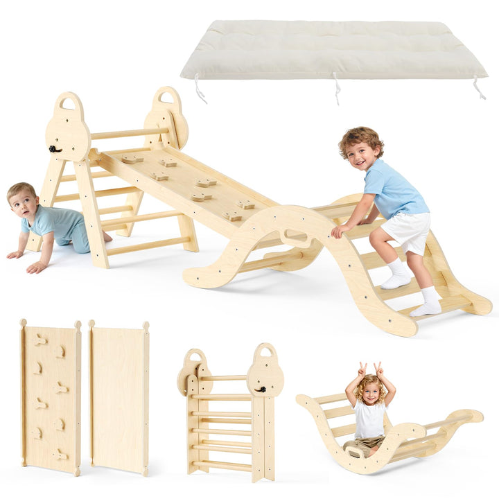 Klettergerüst Indoor,7-in-1 Montessori Indoor Spielset,Stabiles Birkenholz Klettergerüst mit Rutsche