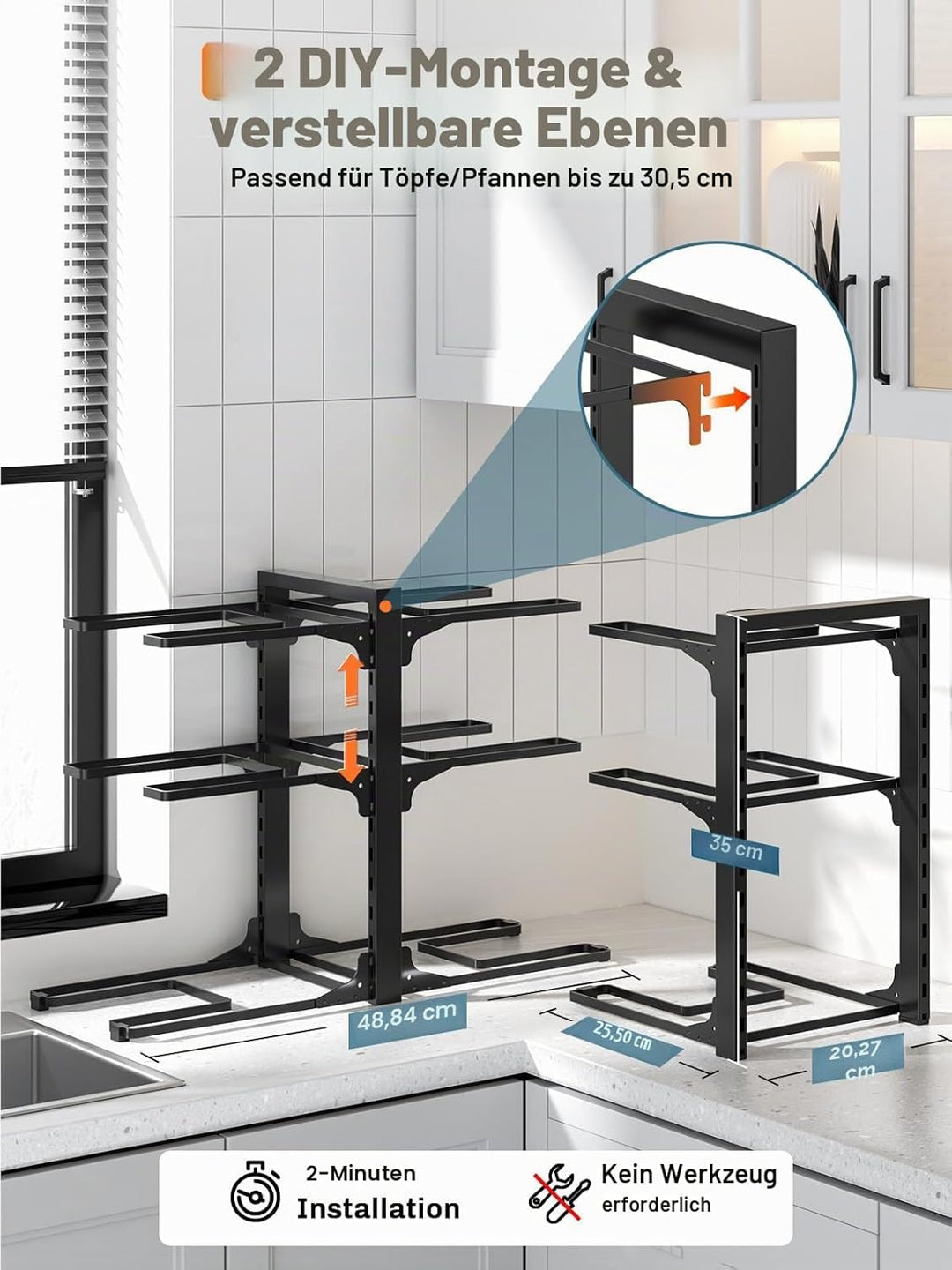 MUDEELA Topf- und Pfannen-Organizer, vertikal 35 cm hoch, 6 verstellbare Ebenen, robuster Küchenschr