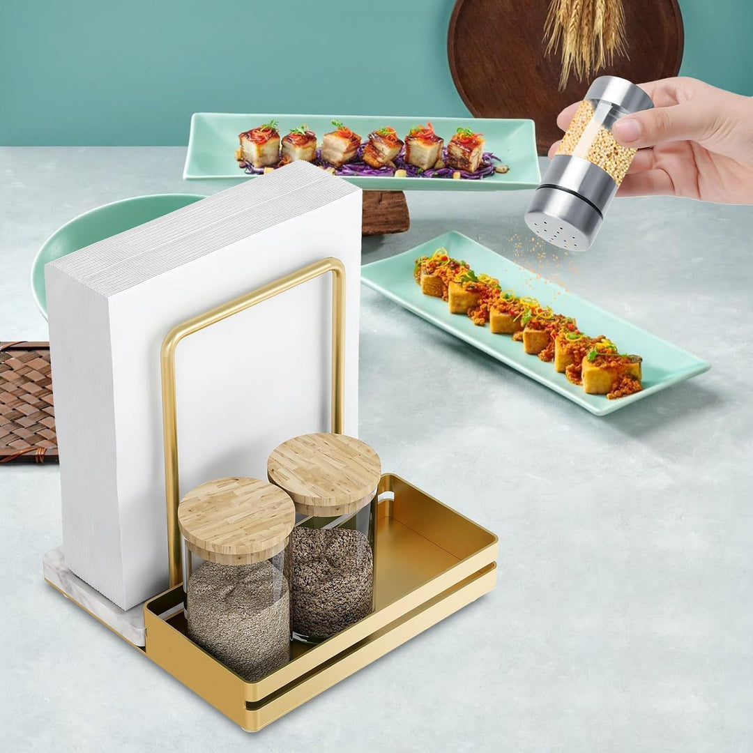 Serviettenhalter Golden, Serviettenhalter aus Metall & Marmor Serviettenspender mit Caddy für Tisch