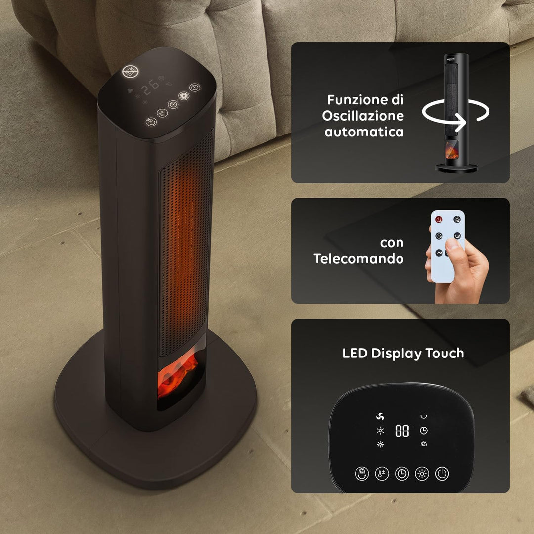 Wintem Elektrischer Heizlüfter Turm 800/2000 W mit Display Kamineffekt und Fernbedienung 60 cm – Ide