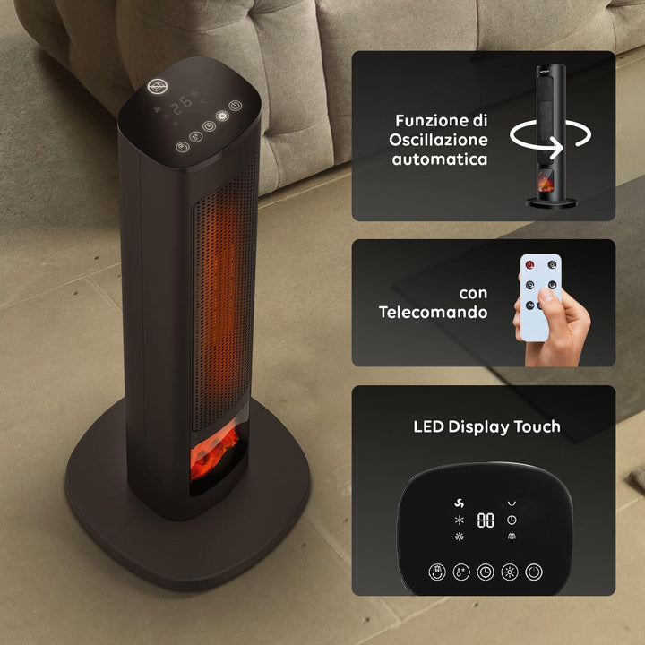 Wintem Elektrischer Heizlüfter Turm 800/2000 W mit Display Kamineffekt und Fernbedienung 60 cm – Ide