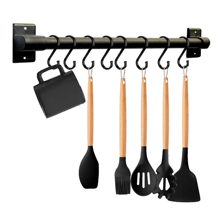Schwarzer Aluminium-Utensilienhalter, Küchenregal, Wandmontage, Küchenschiene, Pfannenaufhänger mit