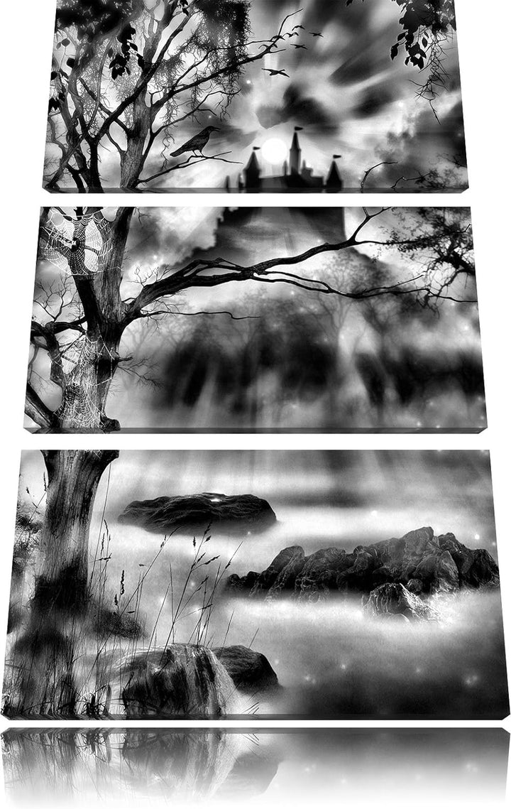 Pixxprint Düstere Burg als Leinwandbild/Grösse: 3 Teilig (120x80) / Wandbild/Kunstdruck/fertig bespa
