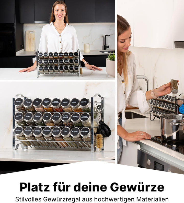 Deco haus® Gewürzregal mit Gläsern - Gewürzgläser mit Regal - Gewürzregal Wand, Gewürzständer mit 24