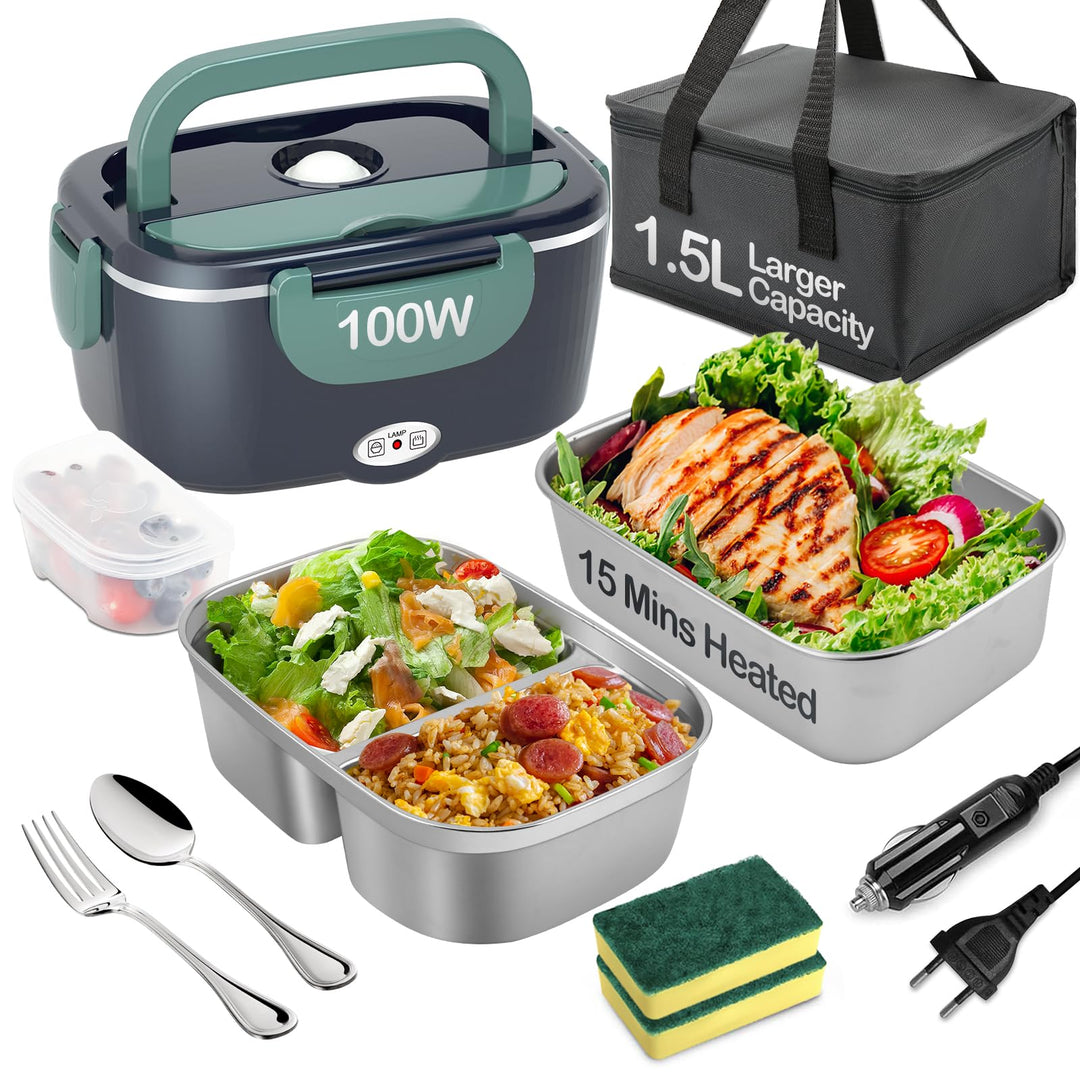 Elektrische Lunchbox 100W, 3-In-1 tragbare beheizte Lunchbox, 1,5L Edelstahl Entnehmbare brotdose, 1