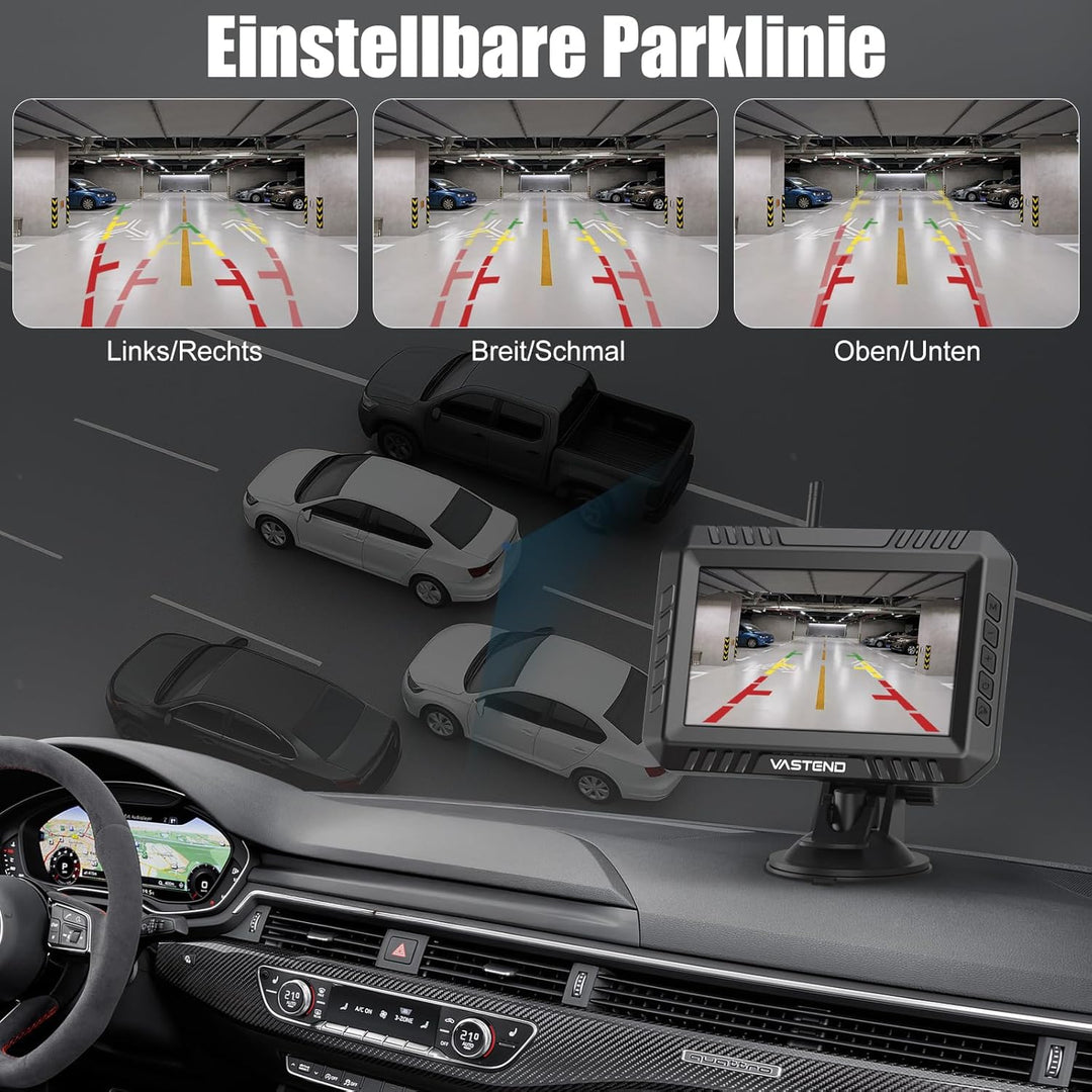 Rückfahrkamera Kabellos 5“, 1080P Nachtsicht Monitor Auto Rückfahrkamera Funk, 150° Weitwinkel IP69