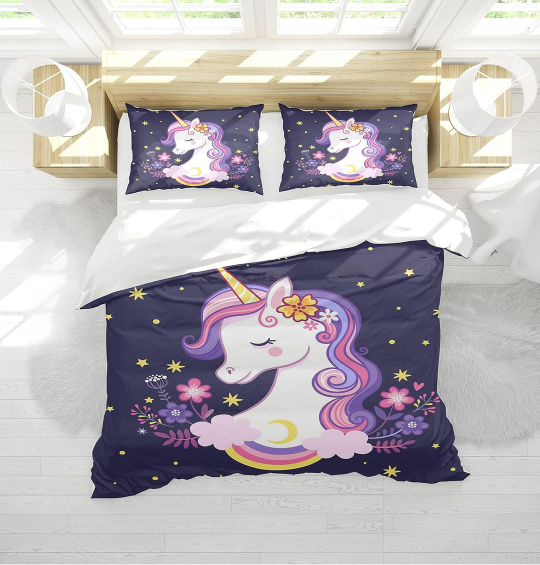 AVJWWD Einhorn Bettwäsche Set Kinder Mikrofaser Bettwäsche Cartoon Einhorn 3D Gedruckt Bettbezug 3 T
