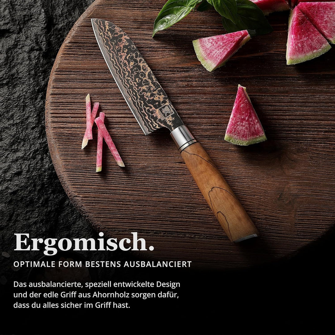 zayiko BlackMagma Damastmesser Santoku I 12 cm Klinge aus Damaststahl mit Kupfer &amp; Bronze sowie Ahor