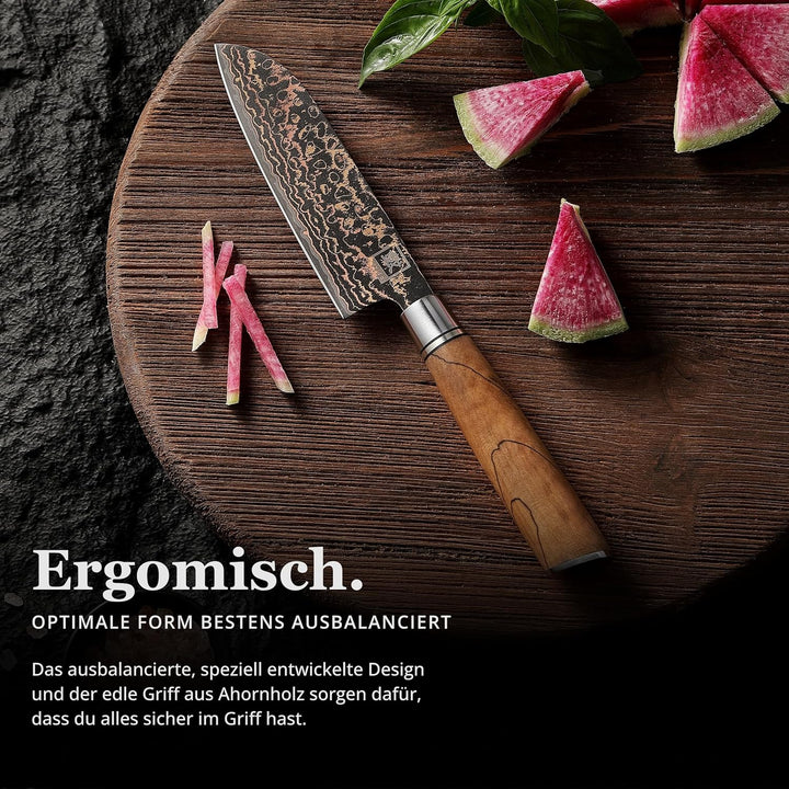 zayiko BlackMagma Damastmesser Santoku I 12 cm Klinge aus Damaststahl mit Kupfer &amp; Bronze sowie Ahor